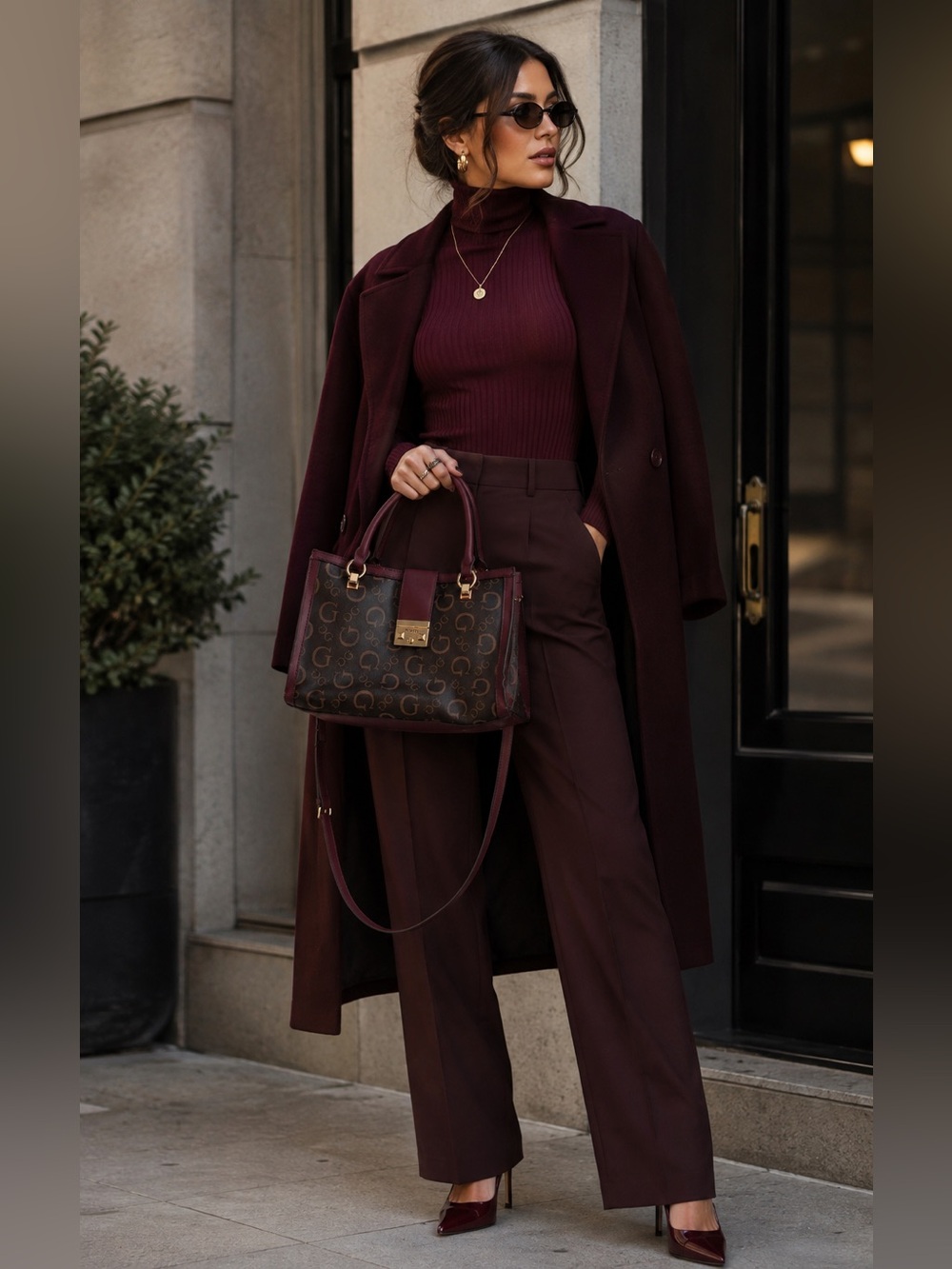Guess Brown Monogram & Burgundy Trim Crossbody Satchel